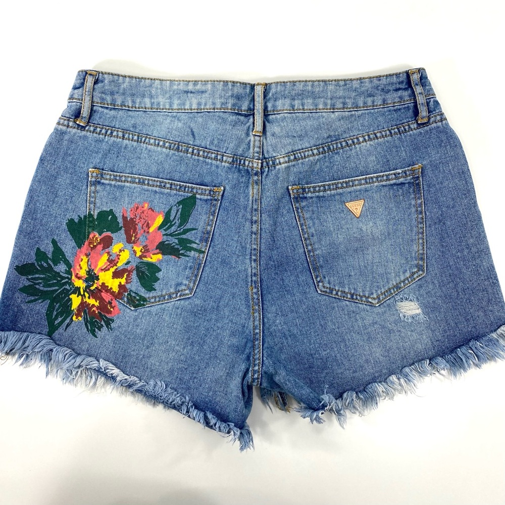 Guess Marina Fray Hem Floral Shorts Denim Cutoffs Jean Shorts Painted Pocket 30